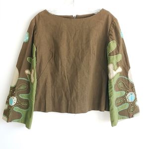 Vintage Boho Cotton Linen Flare Embroidered Sleeve Boxy Top